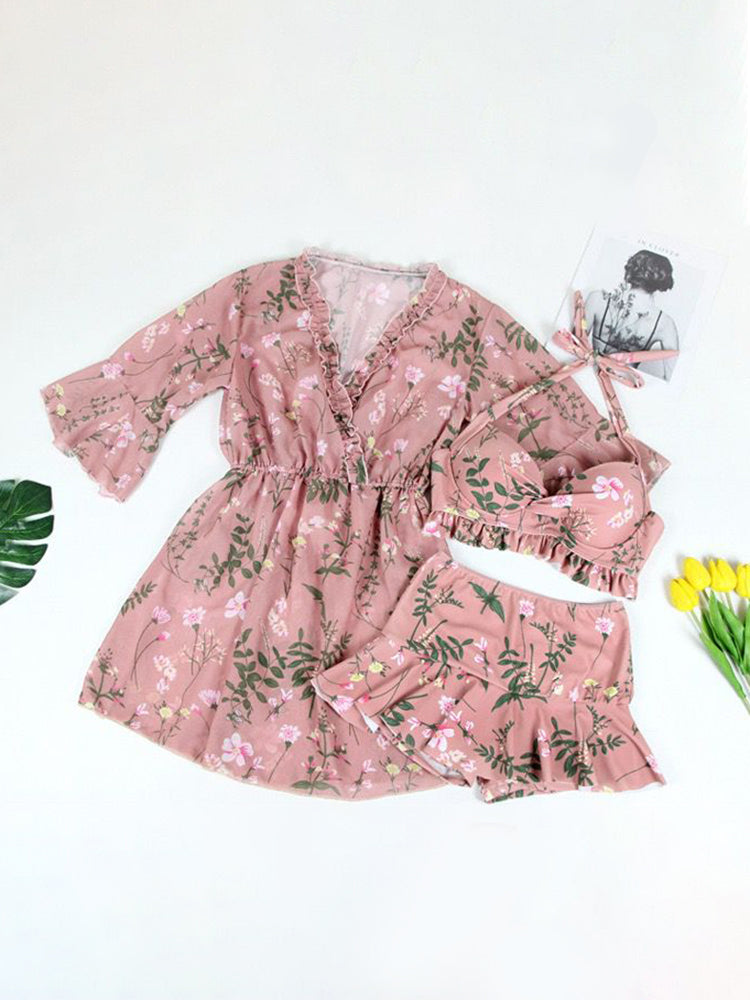 【ワイヤー入り】ホルダネックタイプ 花柄水着3点セット