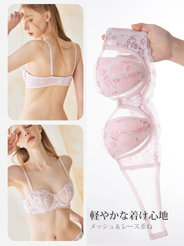 【ストラップレス・ワイヤー入り】3WAY着用可能 桜デザイン パッド薄手 総レースブラ
