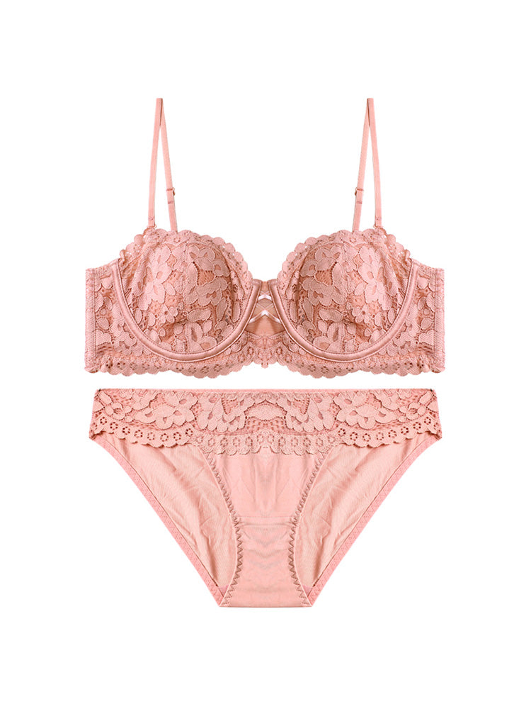 【ズレにくい・ワイヤー入り】ストラップレス 総レースブラ&ショーツ