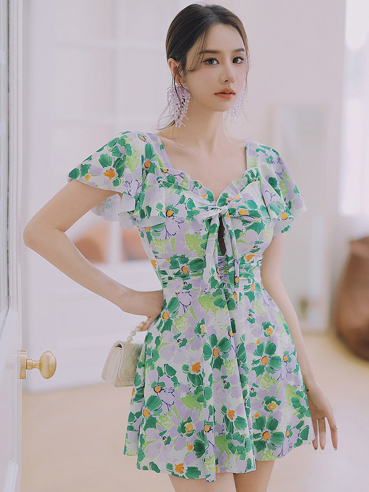 【ノンワイヤー】花柄フリルワンピース水着