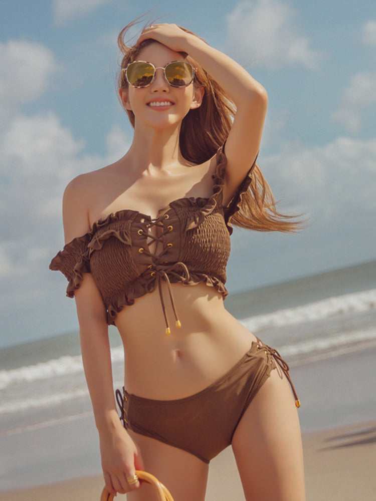 【ノンワイヤー】シャーリングデザイン ビキニ上下2点セット