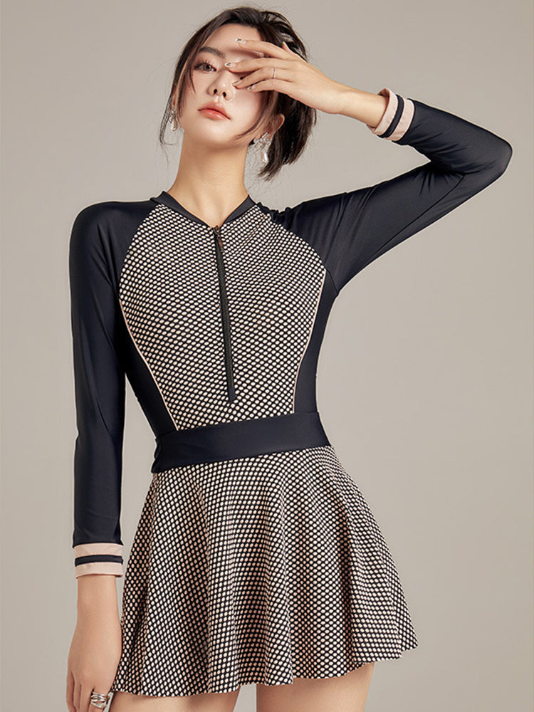 【在庫処分】UVカット スカート付き チェック柄 長袖ワンピース