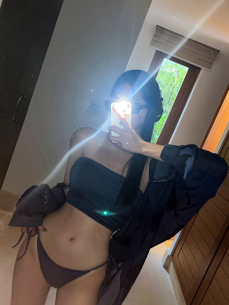 【ノンワイヤー】首回りを華奢に見せる ネービー色ビキニセット