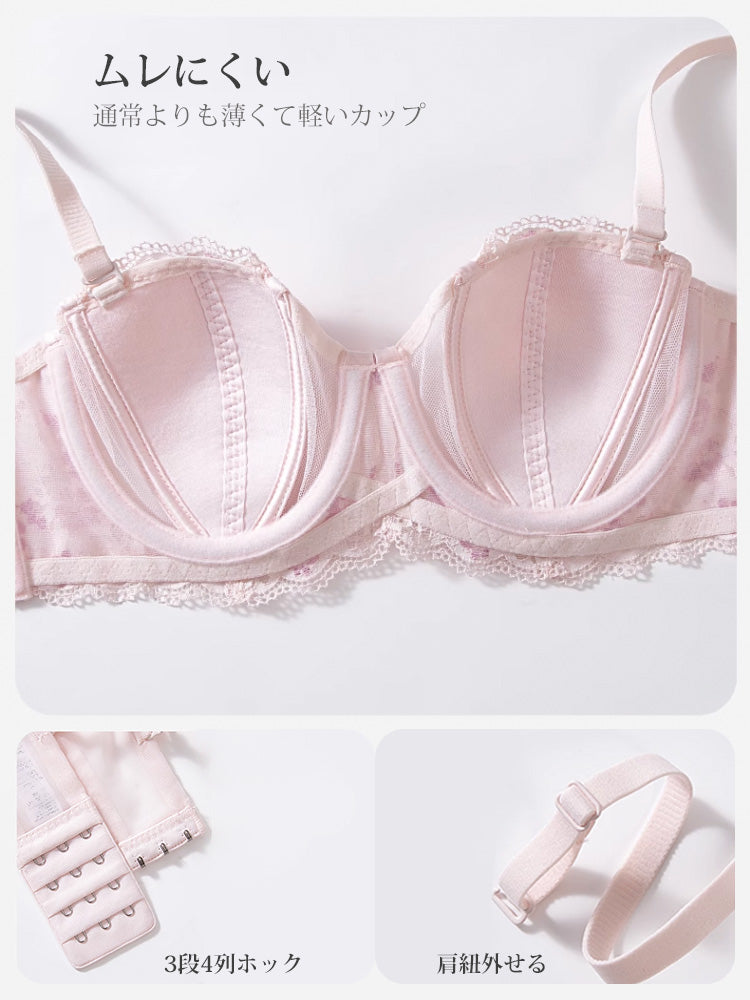 【ストラップレス・ワイヤー入り】3WAY着用可能 桜デザイン パッド薄手 総レースブラ