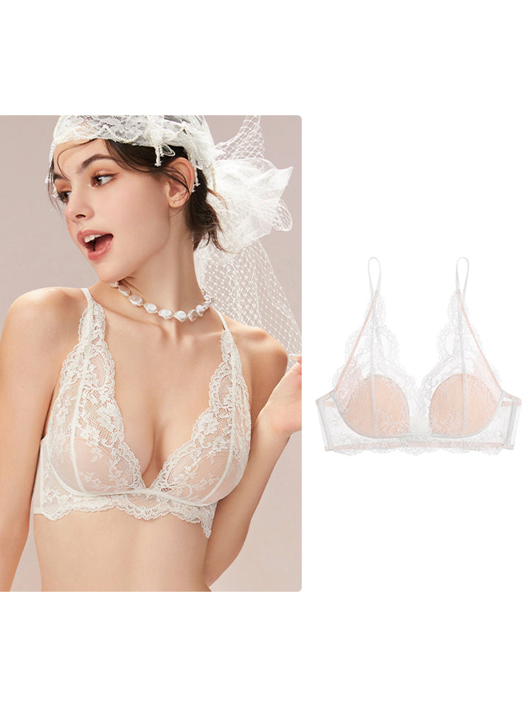 【エアリー・ノンワイヤー】チラ見せOK Vネック 総レースブラ 3/4カップ