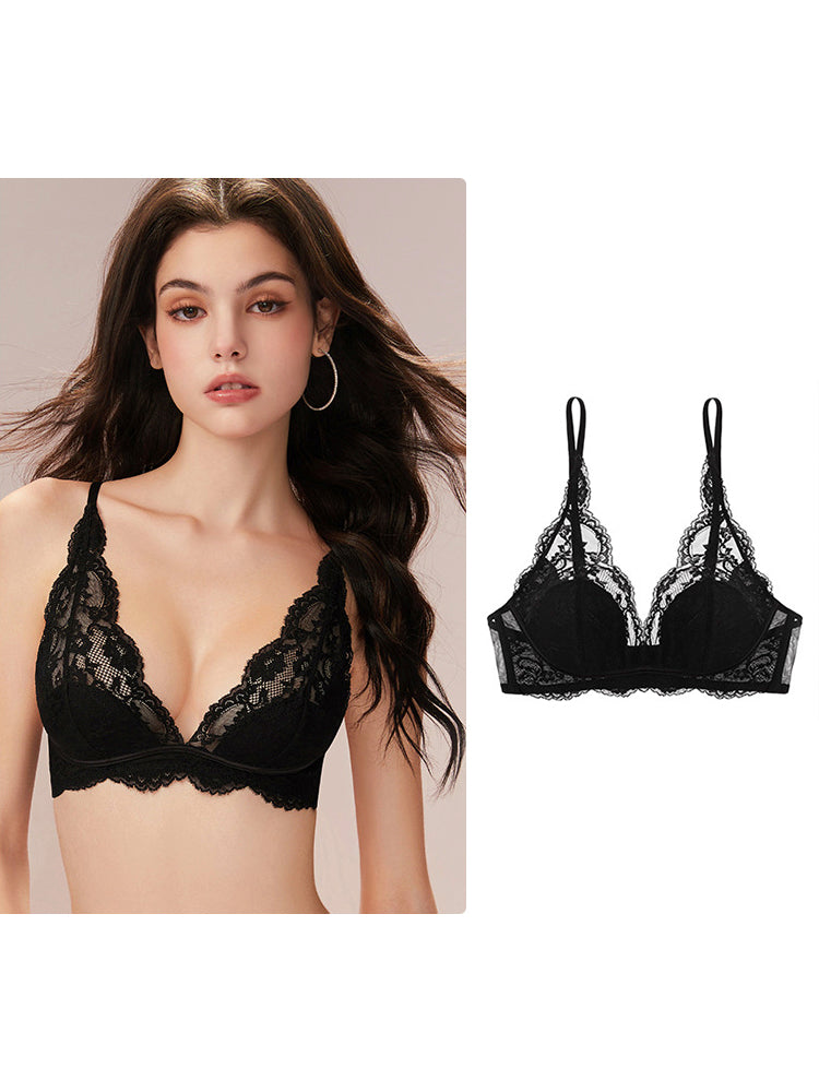 【エアリー・ノンワイヤー】チラ見せOK Vネック 総レースブラ 3/4カップ