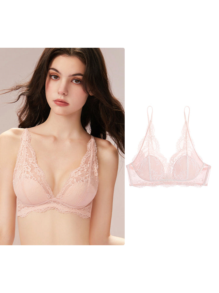 【エアリー・ノンワイヤー】チラ見せOK Vネック 総レースブラ 3/4カップ