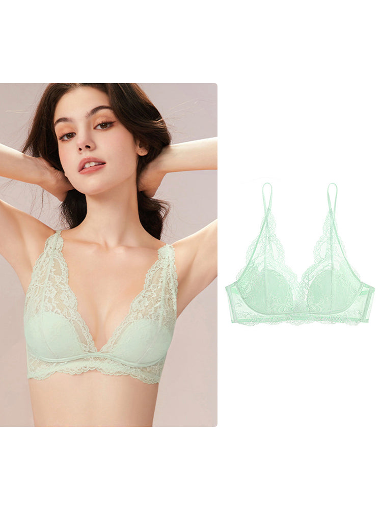 【エアリー・ノンワイヤー】チラ見せOK Vネック 総レースブラ 3/4カップ