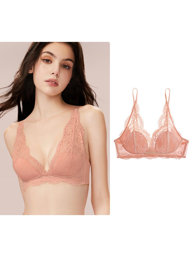 【エアリー・ノンワイヤー】チラ見せOK Vネック 総レースブラ 3/4カップ