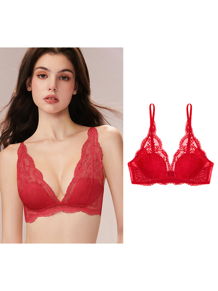 【エアリー・ノンワイヤー】チラ見せOK Vネック 総レースブラ 3/4カップ