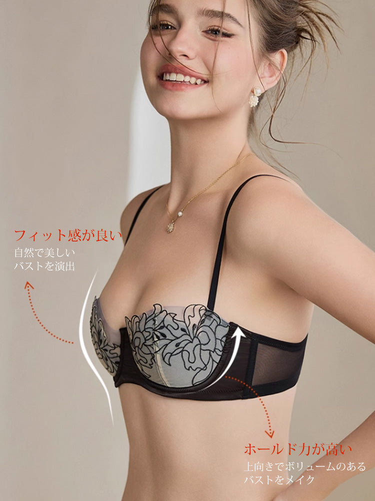【エアリー・ワイヤー入り】リリー柄刺繍ブラセット 1/2カップ
