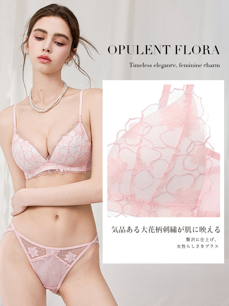 【ノンワイヤー】大花柄刺繍レース 美背中ブラ&ショーツ