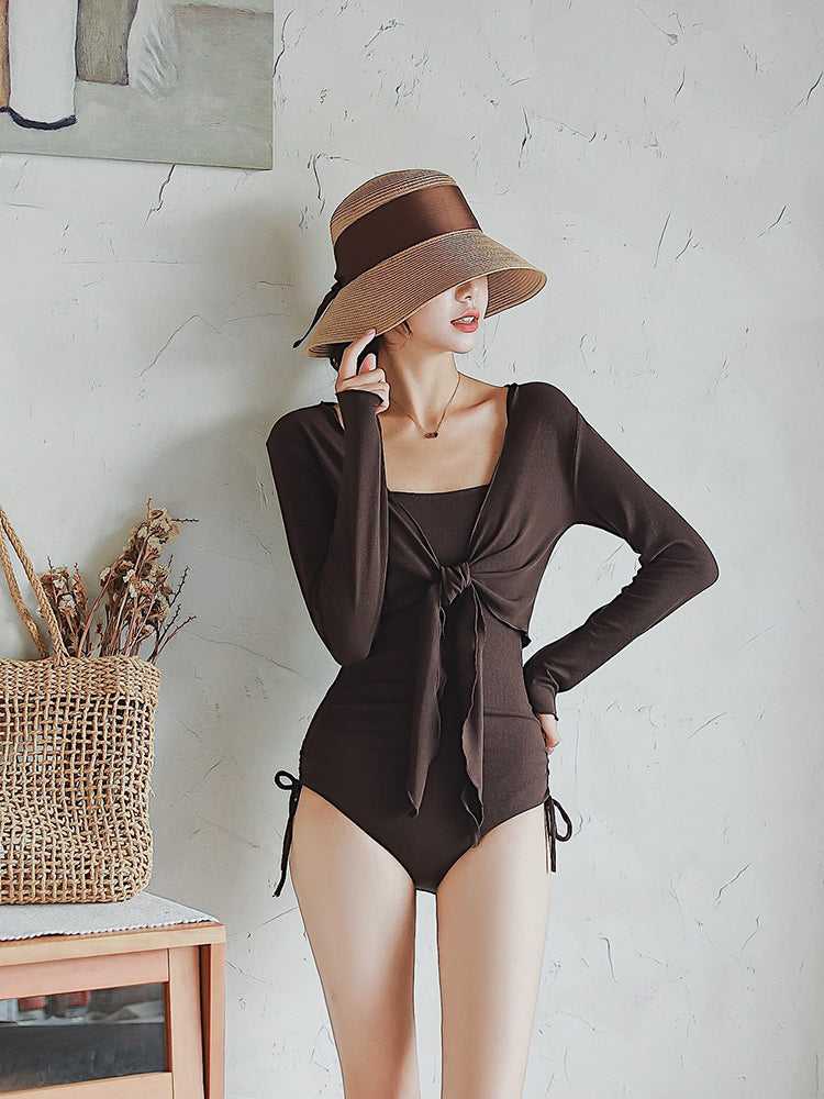 【ノンワイヤー】カーディガン×ワンピース サイドギャザー セット水着