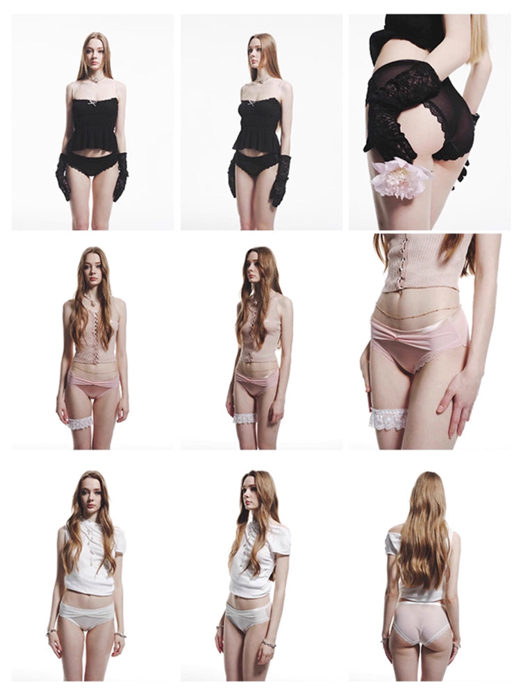 サテン×メッシュ リボンデザイン ショーツ単品