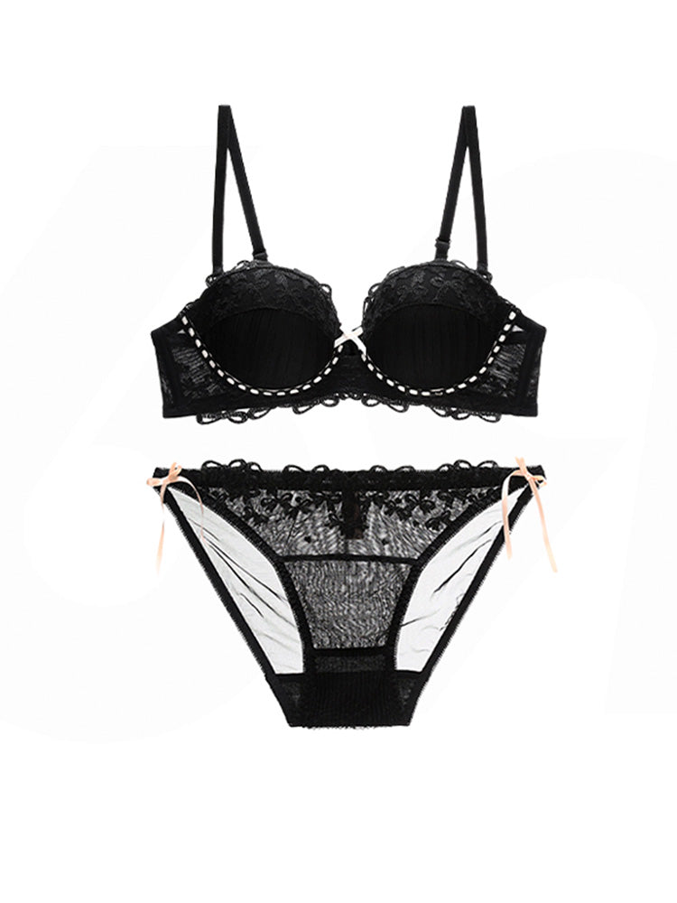 甘いリボン刺繍 配色デザイン ブラ&ショーツセット