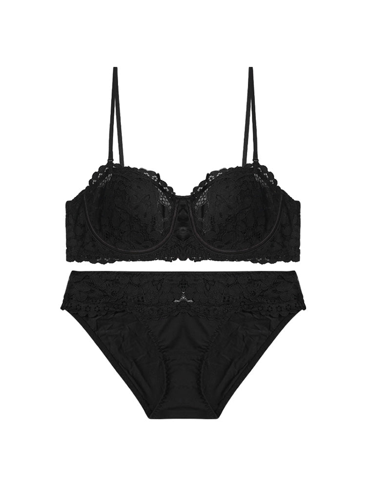 【ズレにくい・ワイヤー入り】ストラップレス 総レースブラ&ショーツ