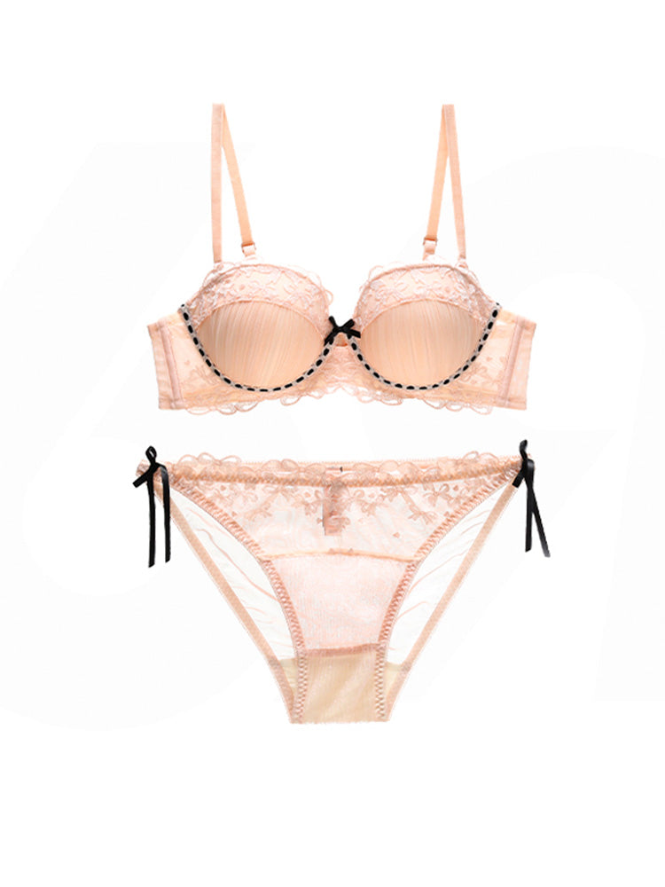 甘いリボン刺繍 配色デザイン ブラ&ショーツセット
