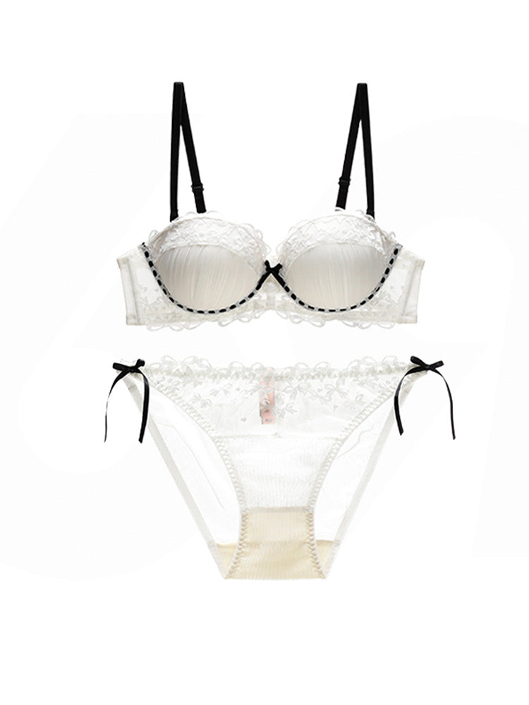 甘いリボン刺繍 配色デザイン ブラ&ショーツセット