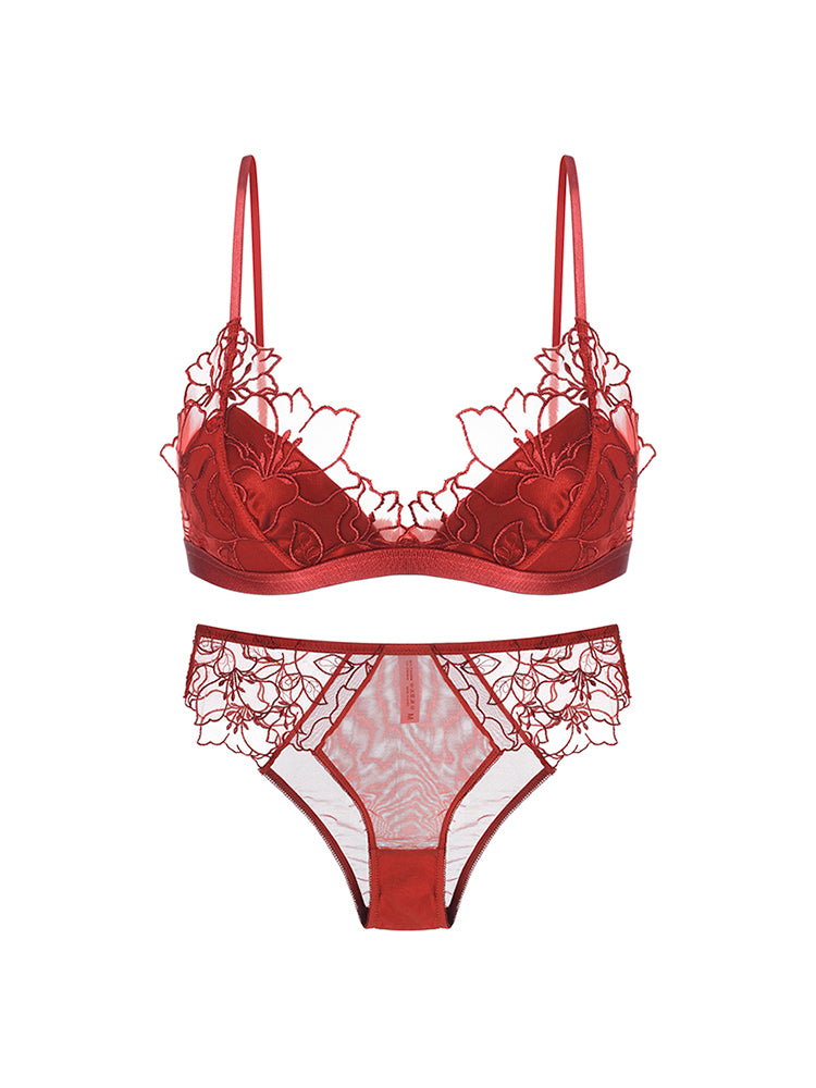 【ノンパテッド・ノンワイヤー】花咲く 刺繍レース三角カップ ブラ&ショーツセット