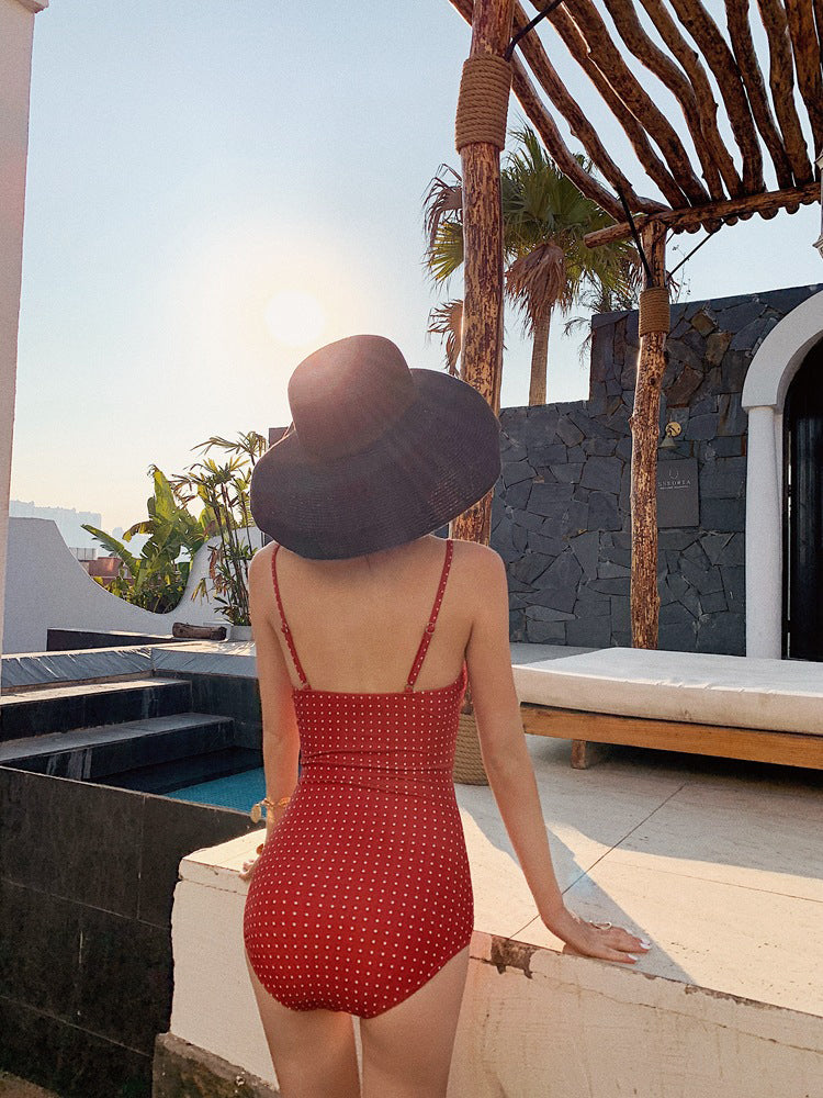 【ノンワイヤー】フロントギャザー ドット柄デザインワンピース 水着