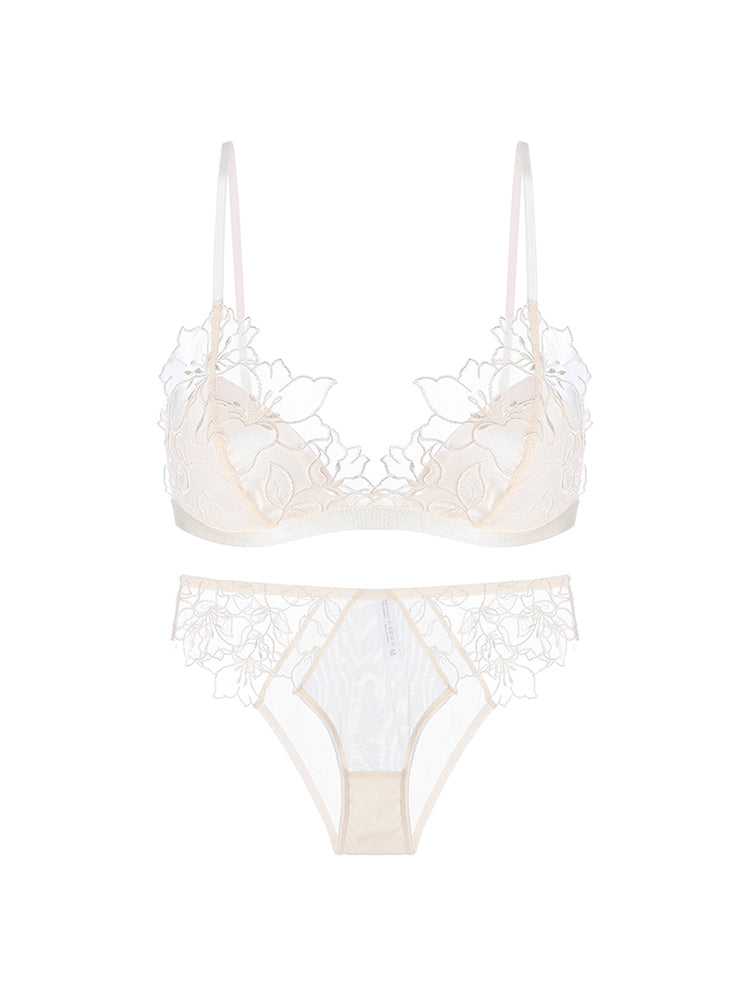 【ノンパテッド・ノンワイヤー】花咲く 刺繍レース三角カップ ブラ&ショーツセット
