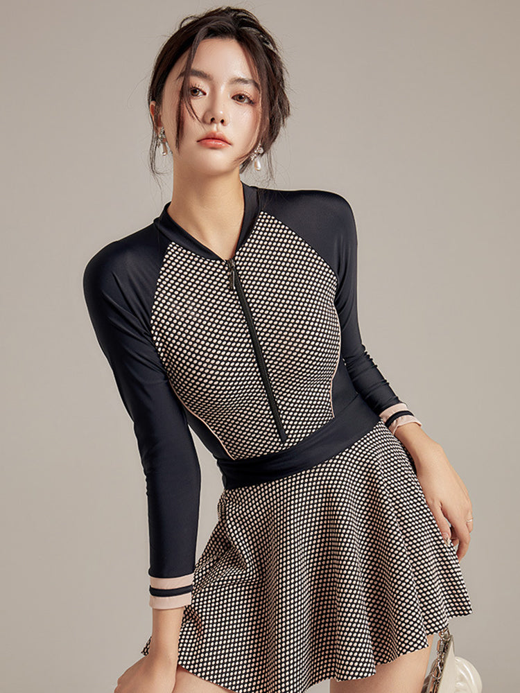 【在庫処分】UVカット スカート付き チェック柄 長袖ワンピース