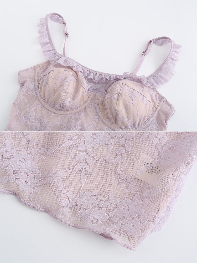 【ワイヤー入り】フリル肩紐 総レースキャミソール オシャレ