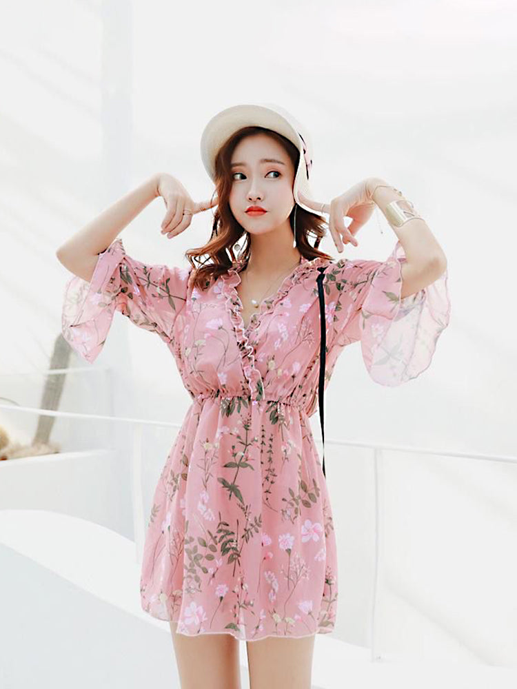 【ワイヤー入り】ホルダネックタイプ 花柄水着3点セット