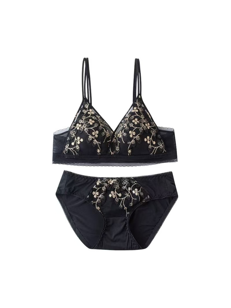 【在庫処分】【ノンワイヤー】フランス刺繡セクシーレース下着セット ブラ&ショーツ