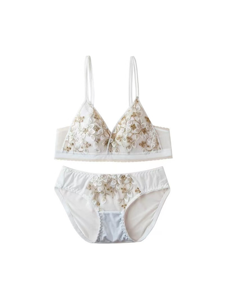【在庫処分】【ノンワイヤー】フランス刺繡セクシーレース下着セット ブラ&ショーツ