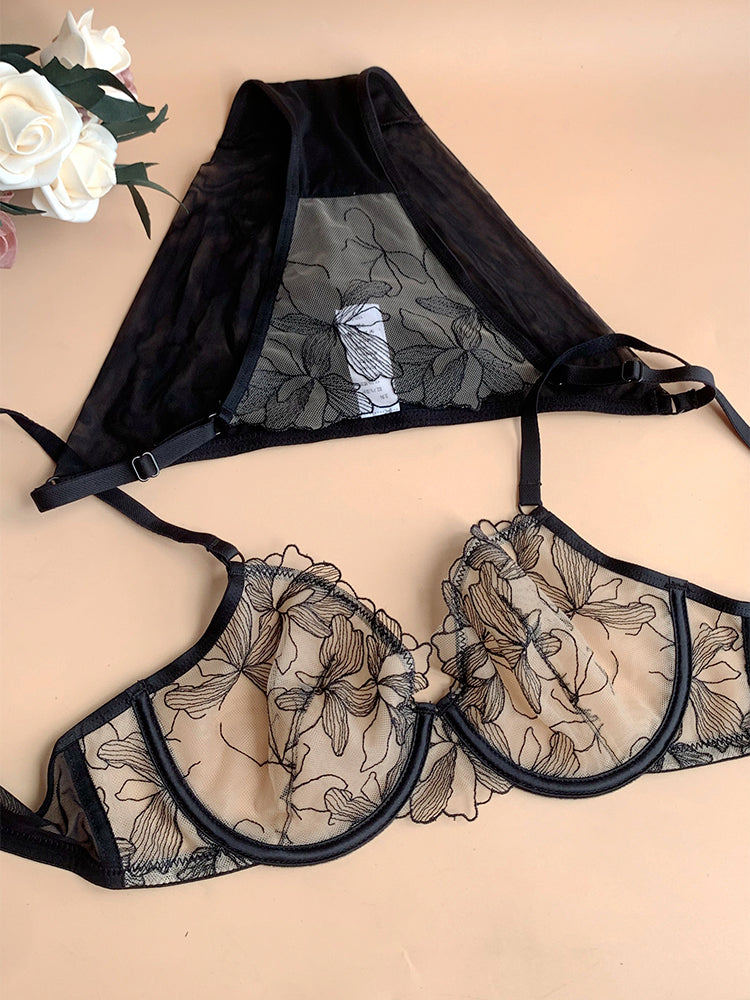 【ノンカップ・ワイヤー入り】大人セクシー 刺繍レースブラ&ショーツ