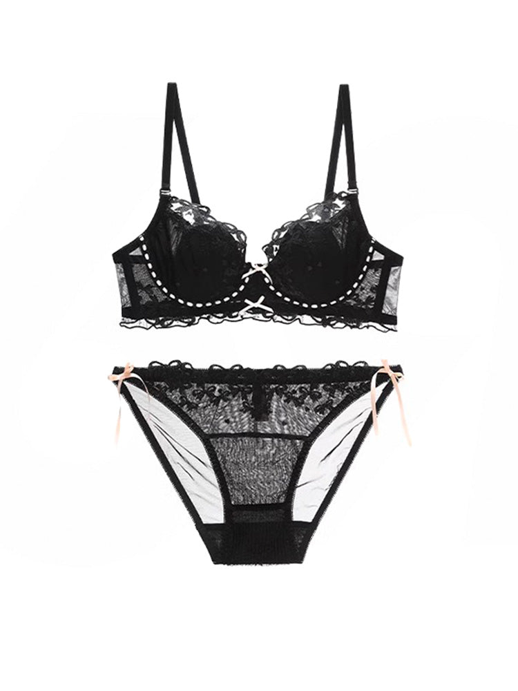 甘いリボン刺繍 配色デザイン ブラ&ショーツセット