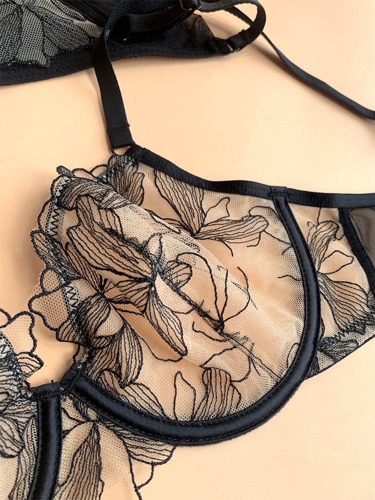 【ノンカップ・ワイヤー入り】大人セクシー 刺繍レースブラ&ショーツ