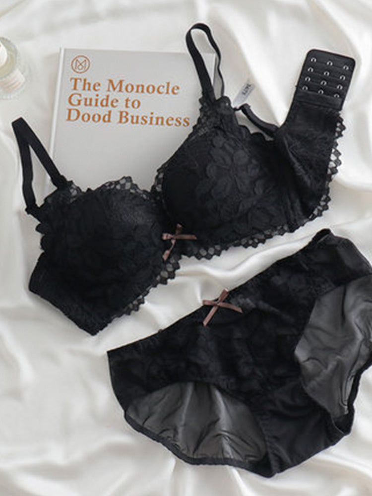 【ノンワイヤー】総レース花柄 ノンワイヤーブラセット 自胸で谷間メイク