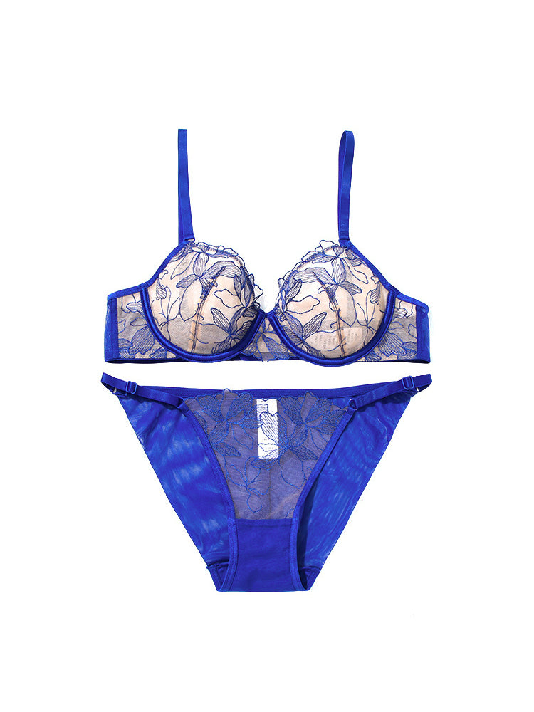 【ノンカップ・ワイヤー入り】大人セクシー 刺繍レースブラ&ショーツ