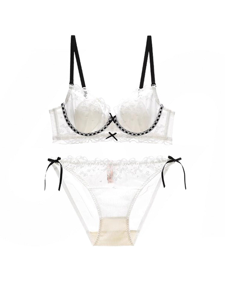甘いリボン刺繍 配色デザイン ブラ&ショーツセット