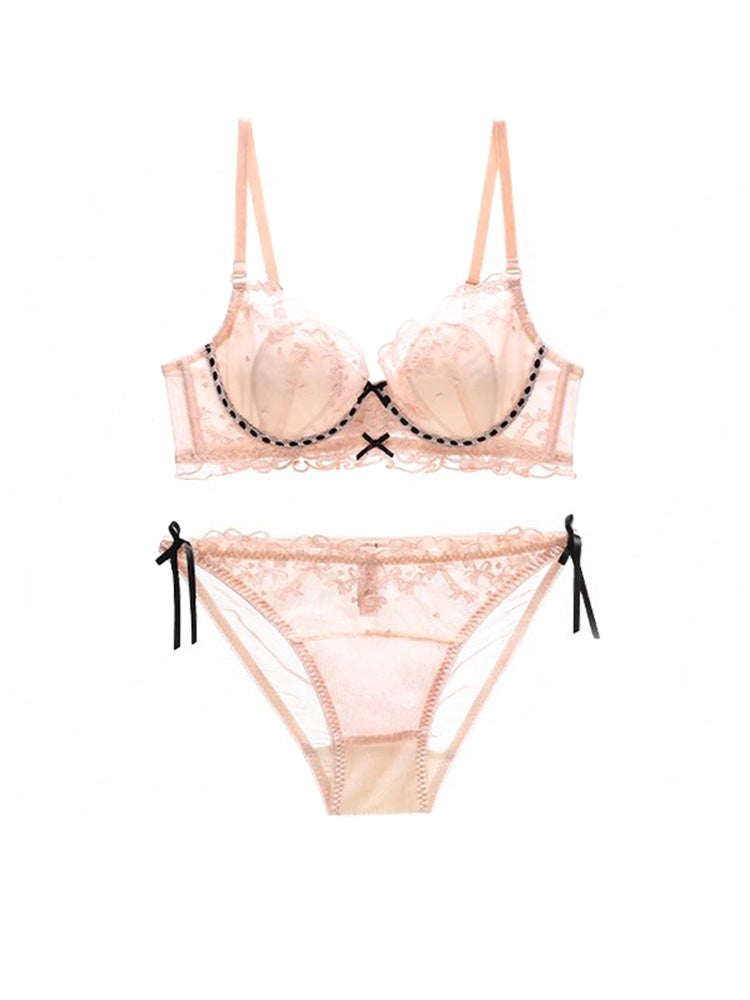 甘いリボン刺繍 配色デザイン ブラ&ショーツセット