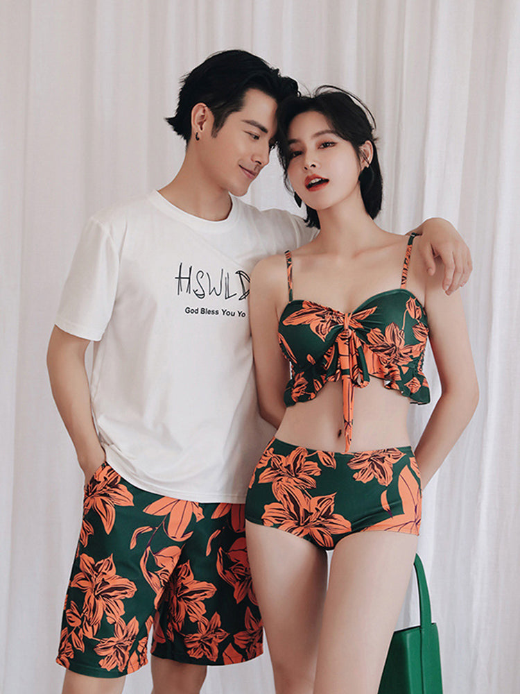 【ノンワイヤー】リリー柄ペア水着(女) スカート付き