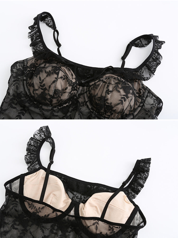 【ワイヤー入り】フリル肩紐 総レースキャミソール オシャレ