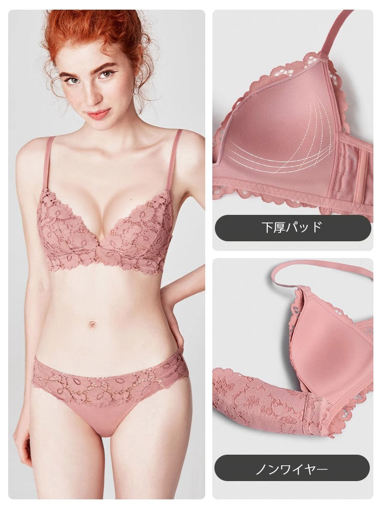 【ノンワイヤー・盛れる】下厚パッド 花柄総レースブラジャー
