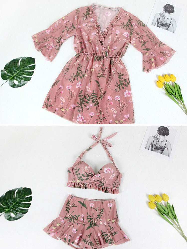【ワイヤー入り】ホルダネックタイプ 花柄水着3点セット