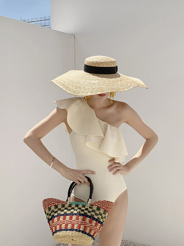 【ノンワイヤー】ワンショルダーフリル ワンピース水着