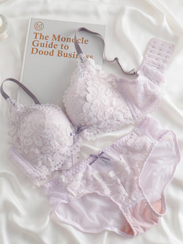 【ノンワイヤー】総レース花柄 ノンワイヤーブラセット 自胸で谷間メイク