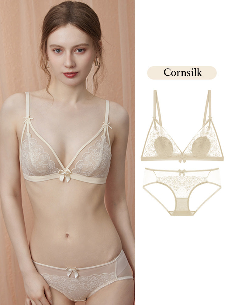 【エアリー・ワイヤー入り】桃の花 総レースノンワイヤーブラセット