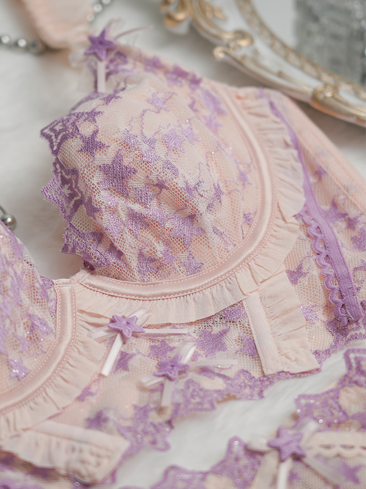 【ワイヤー入り】ロングライン 星柄レースブラ&ショーツ【脇高で背中すっきり】