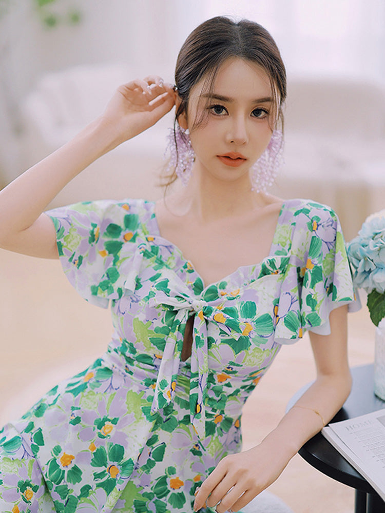 【ノンワイヤー】花柄フリルワンピース水着