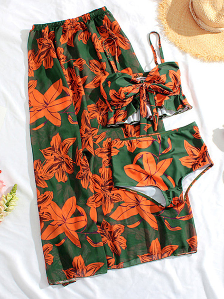 【ノンワイヤー】リリー柄ペア水着(女) スカート付き