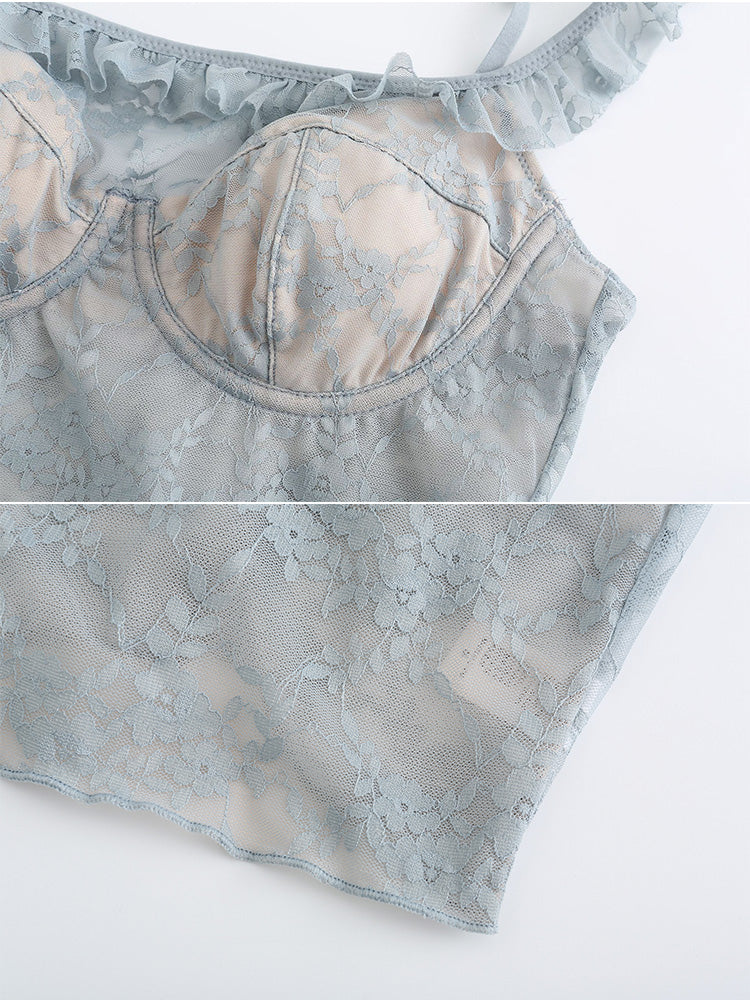 【ワイヤー入り】フリル肩紐 総レースキャミソール オシャレ