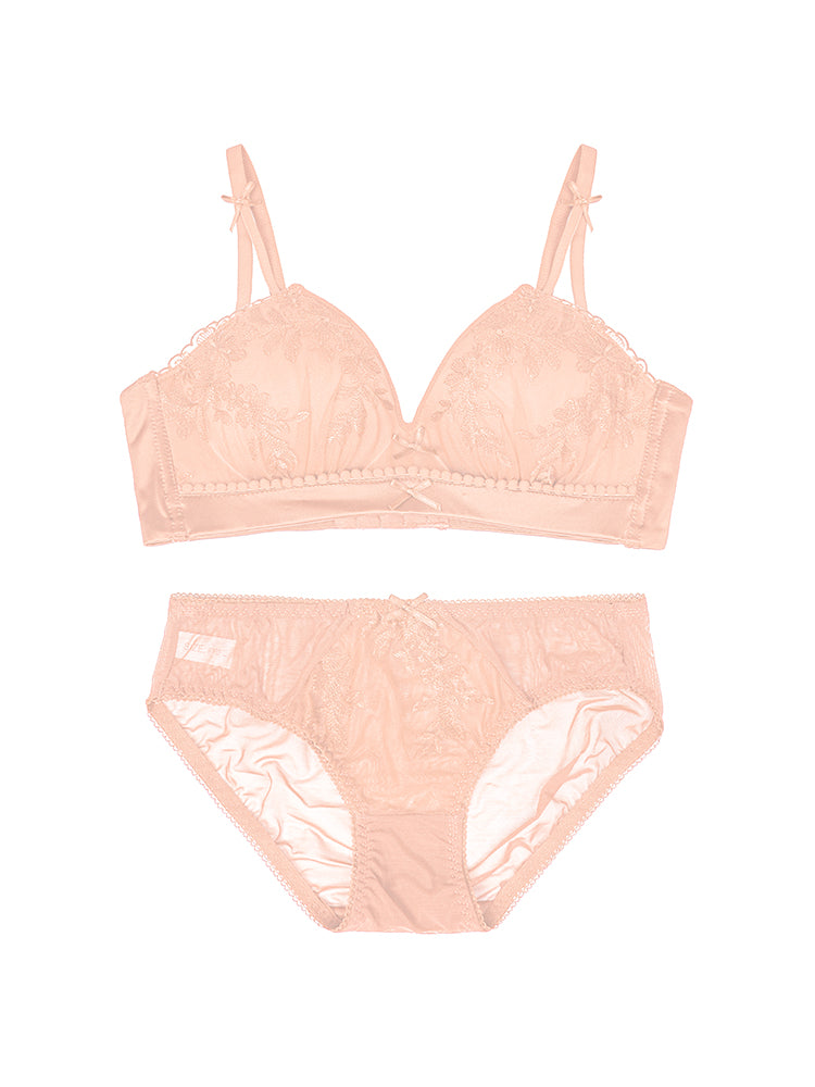 【ノンワイヤー盛れる】刺繍レースブラ&ショーツセット 1/2カップ