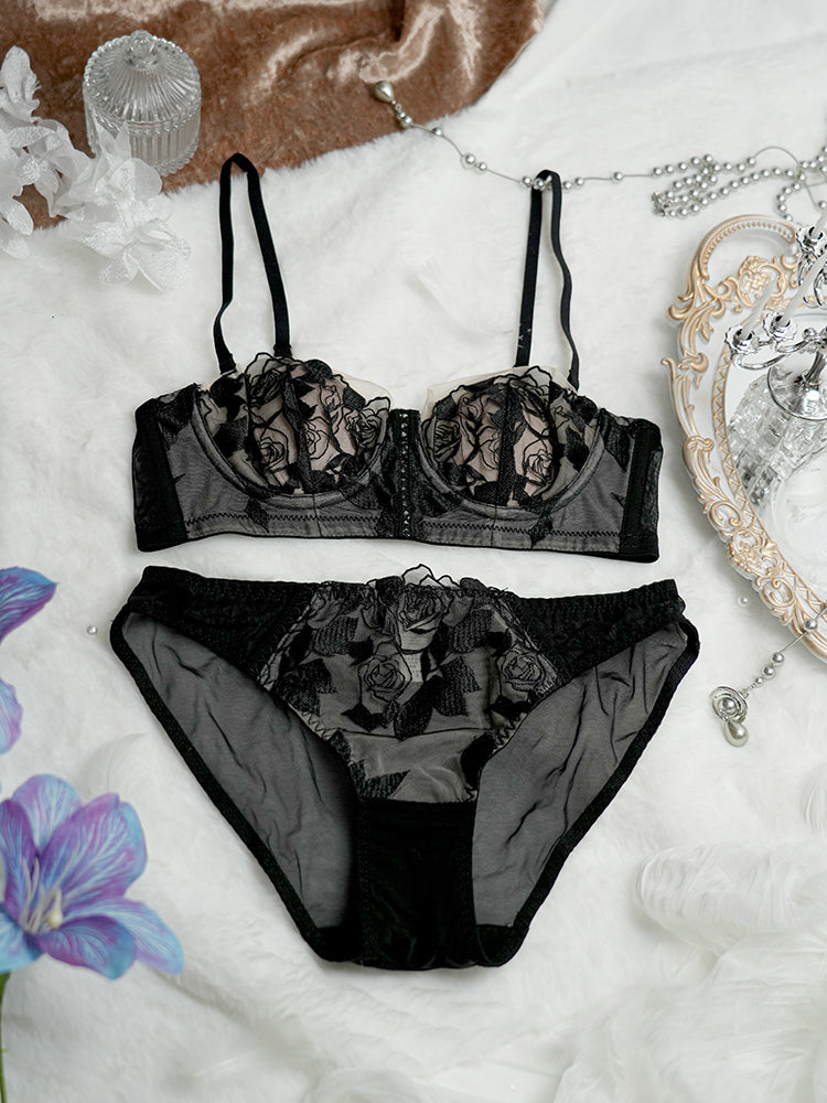 【エアリー・ワイヤー入り】ローズ柄 1/2カップブラセット